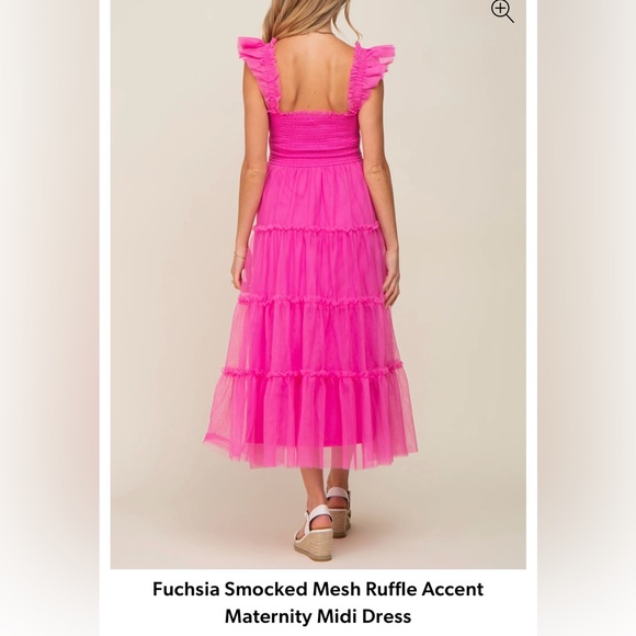 Fuchsia Smocked Mesh Ruffle Accent Maternity Midi Dress - Picture 3 of 3